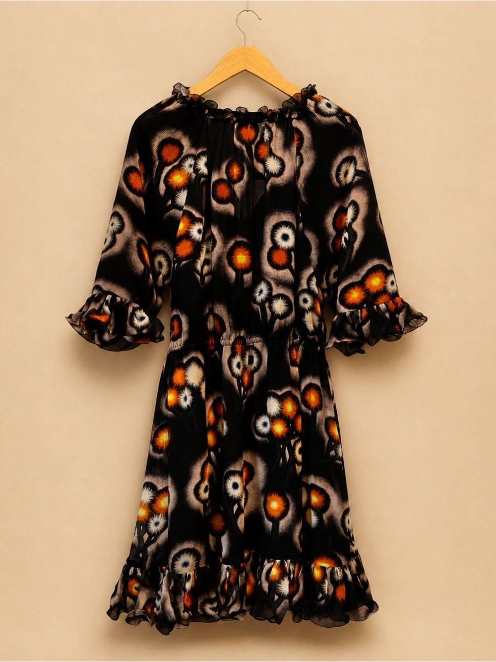 JASON WU Floral Silk Blend Ruffle Mini Dress Sheer Sleeve Designer Size 8 - Picture 2 of 8